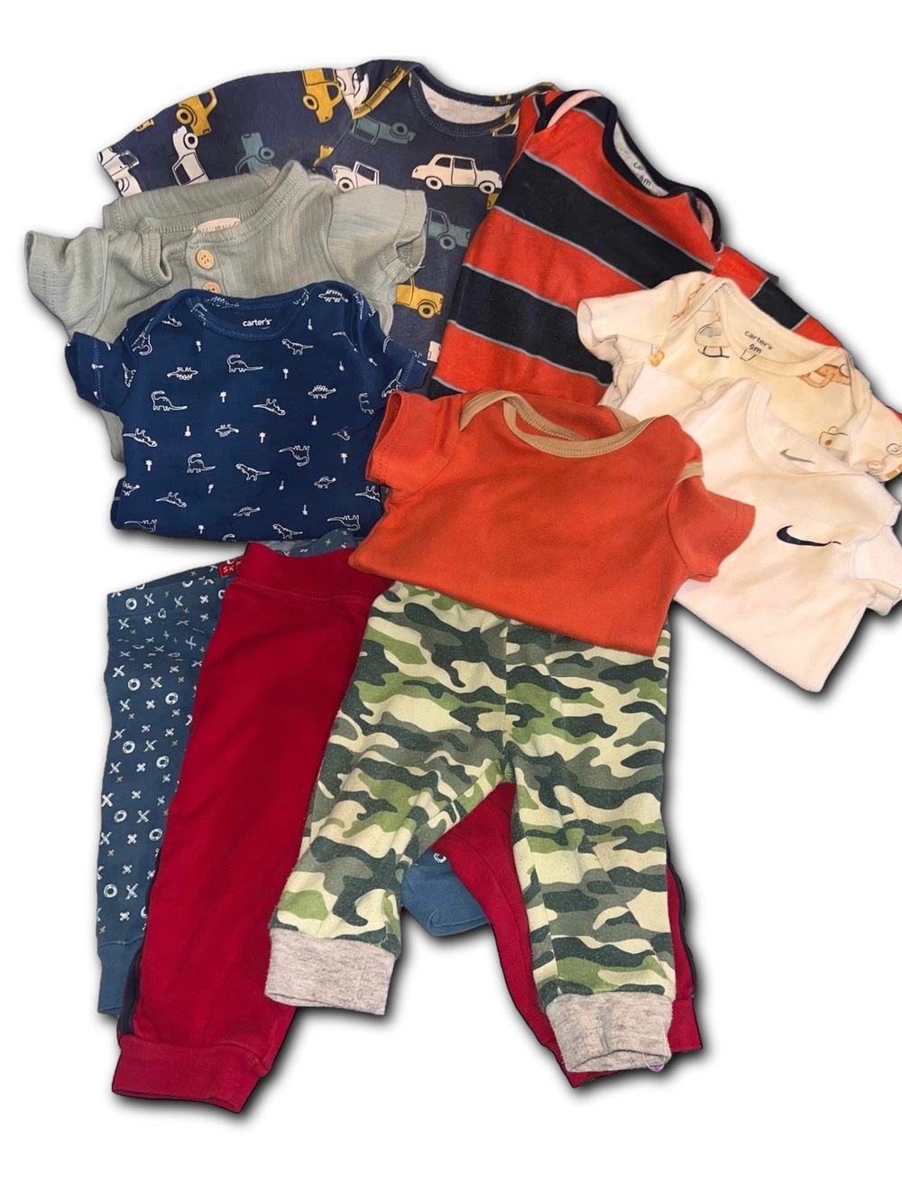 10 piece lot 6 mo Baby Bundle onesies, pjs  - some faded worn priced according